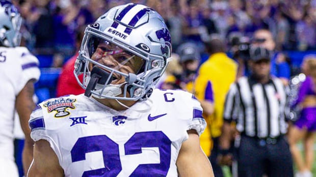 Kansas State's Deuce Vaughn celebrates a touchdown over Alabama in the Sugar Bowl on New Year's Eve